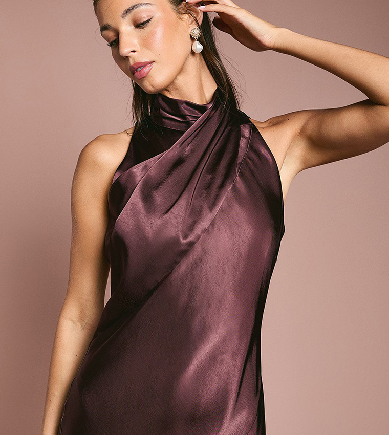 Satin Bias Cut High Neck Fishtail Bridesmaid Maxi Dress