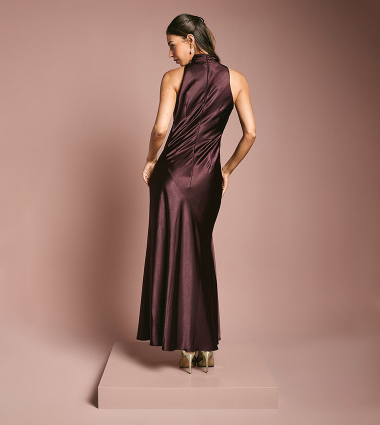 Satin Bias Cut High Neck Fishtail Bridesmaid Maxi Dress