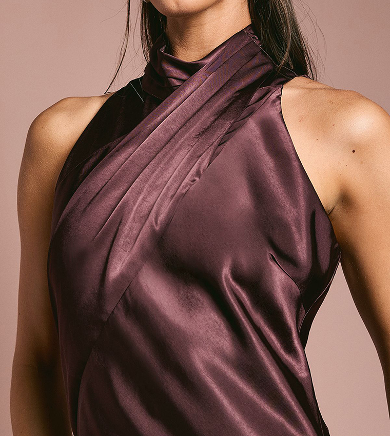 Satin Bias Cut High Neck Fishtail Bridesmaid Maxi Dress