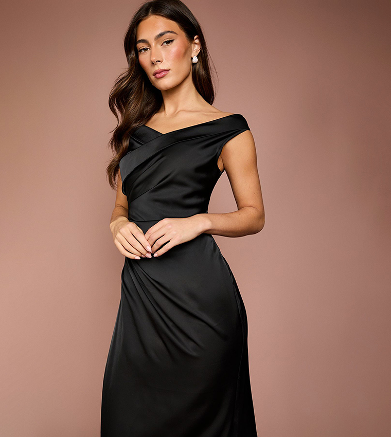 Solid Satin Bardot Bridesmaid Maxi Party Dress