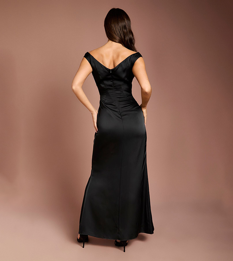 Solid Satin Bardot Bridesmaid Maxi Party Dress