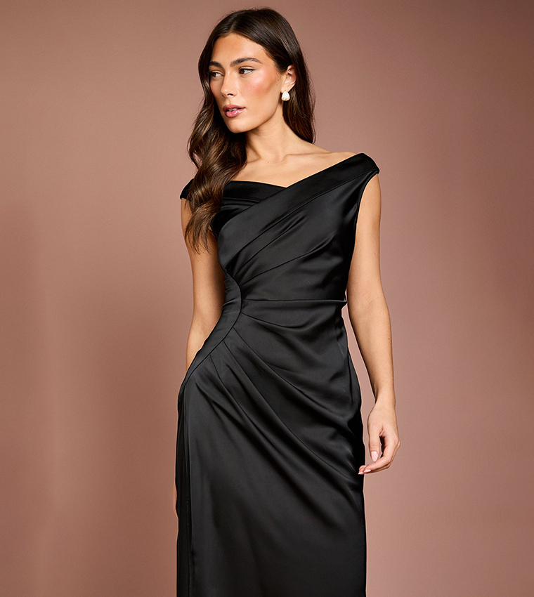 Solid Satin Bardot Bridesmaid Maxi Party Dress