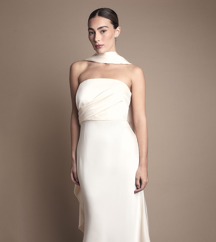 Satin Fishtail Maxi Wedding Dress with Drape Scarf