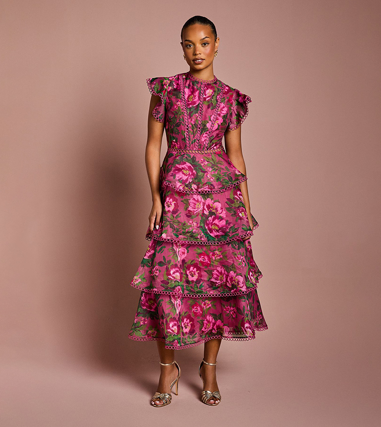 Petite Lace Trim Tiered Organza Midi Dress