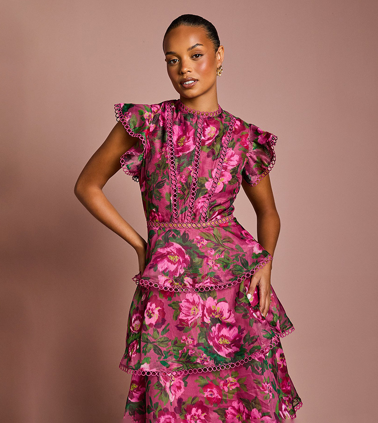 Petite Lace Trim Tiered Organza Midi Dress