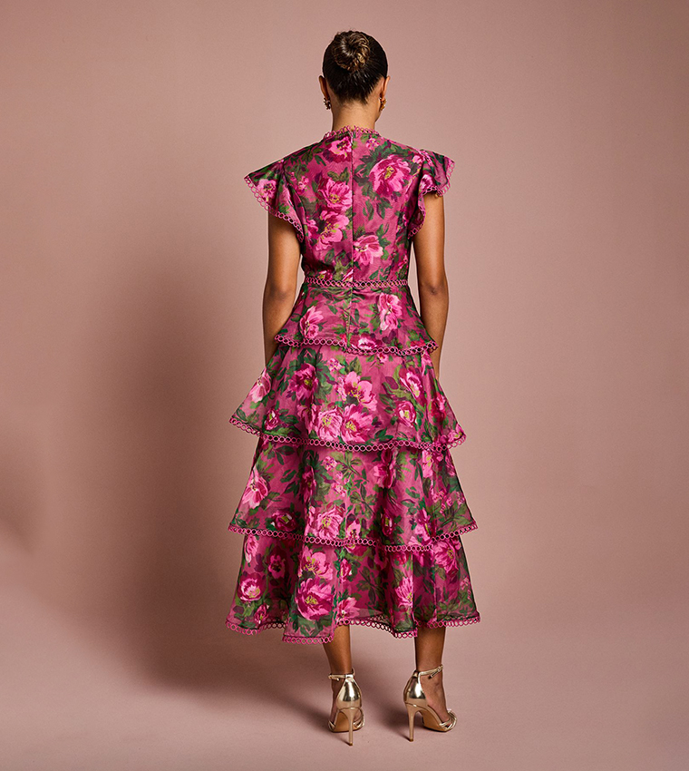 Petite Lace Trim Tiered Organza Midi Dress