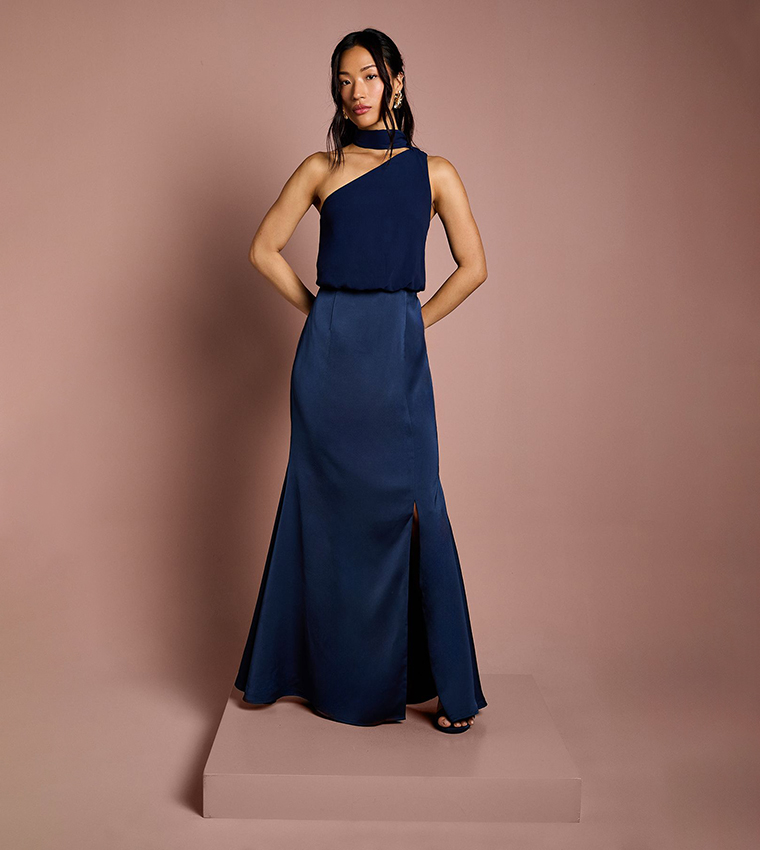 Dresses Shoulder Maxi Dress Navy Blue One Shoulder Bridesmaid Dress Kaia   Amsale