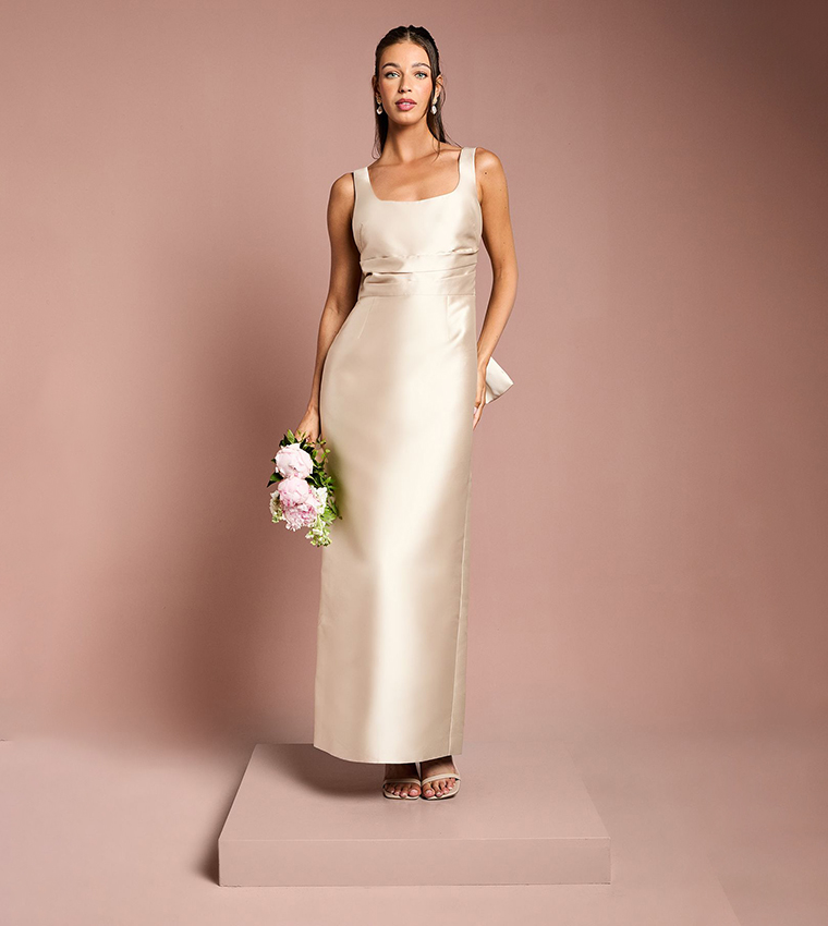 Twill Sleeveless Column Bridesmaid Maxi Dress