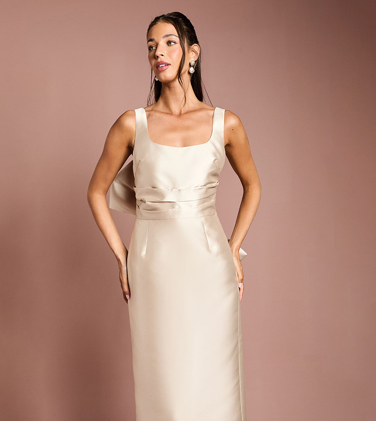 Twill Sleeveless Column Bridesmaid Maxi Dress