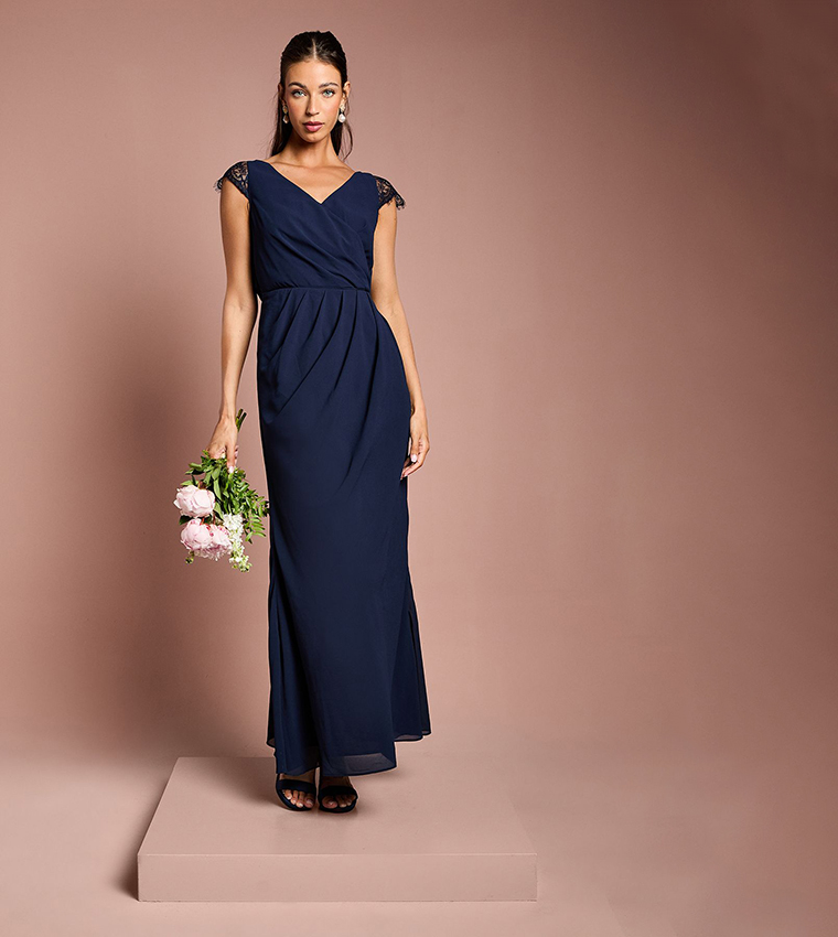 Georgette and Lace Detail Wrap Effect Maxi Bridesmaids Dress