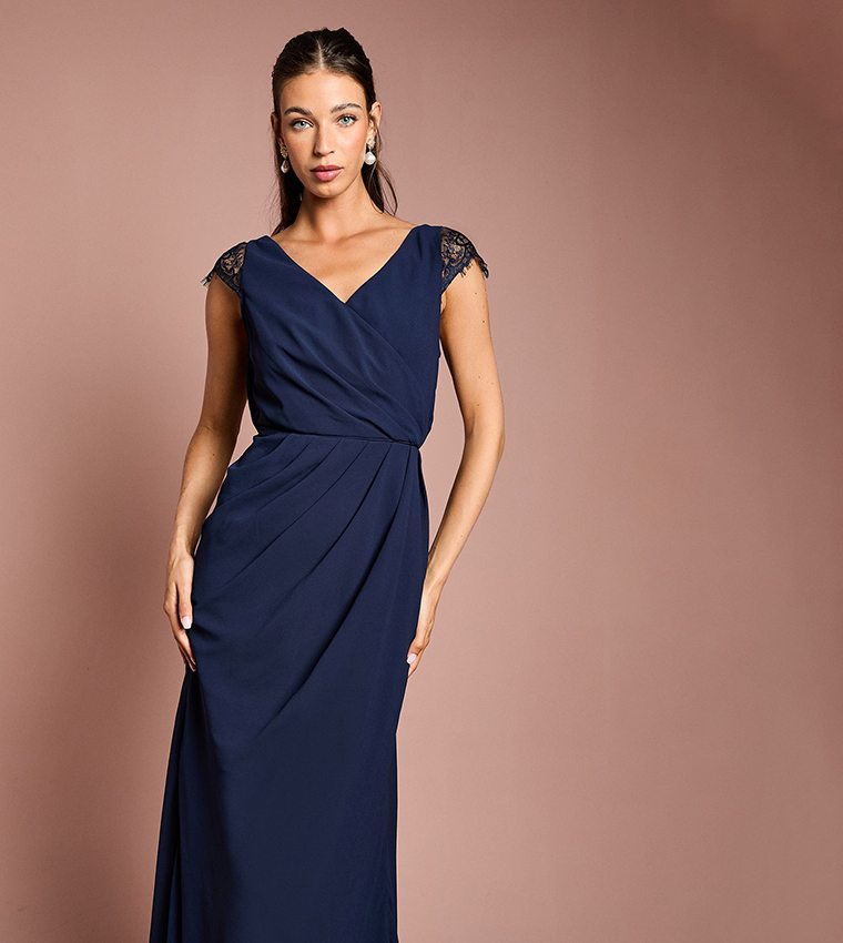 Georgette and Lace Detail Wrap Effect Maxi Bridesmaids Dress