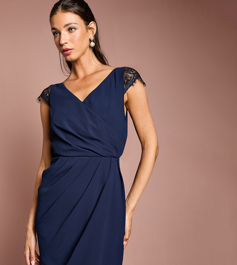 Georgette and Lace Detail Wrap Effect Maxi Bridesmaids Dress