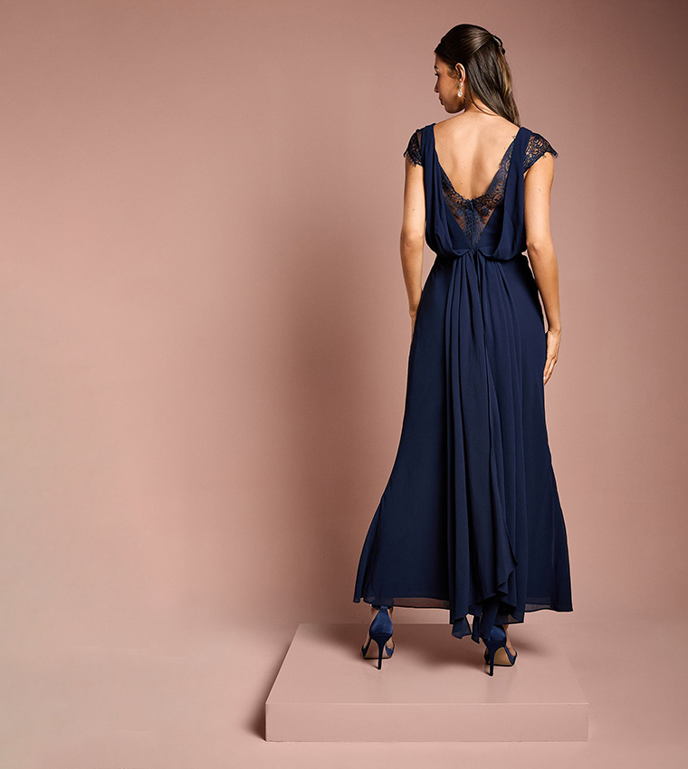 Georgette and Lace Detail Wrap Effect Maxi Bridesmaids Dress