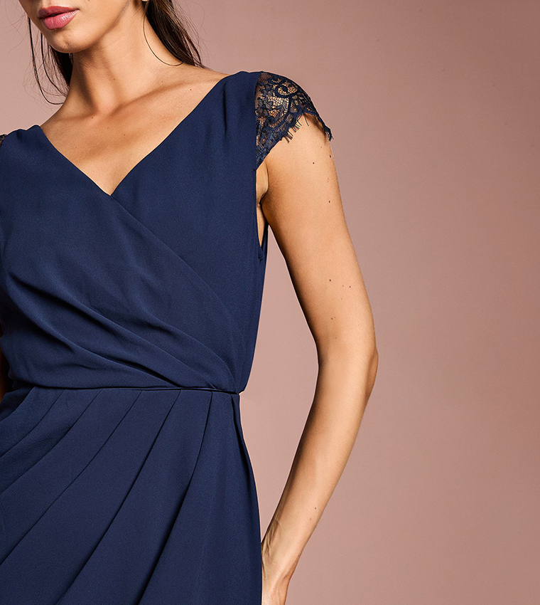 Georgette and Lace Detail Wrap Effect Maxi Bridesmaids Dress