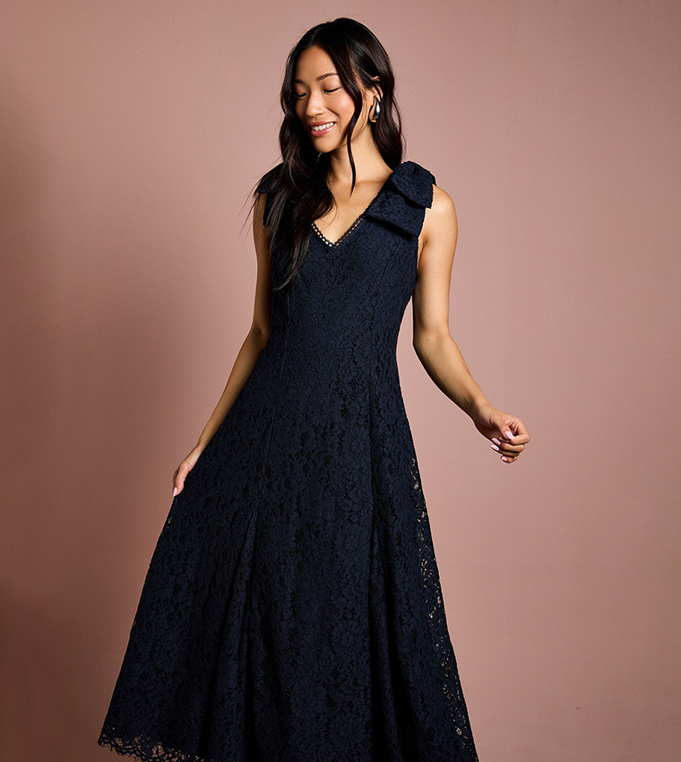 Bow Shoulder V-Neck Lace Midi Dress