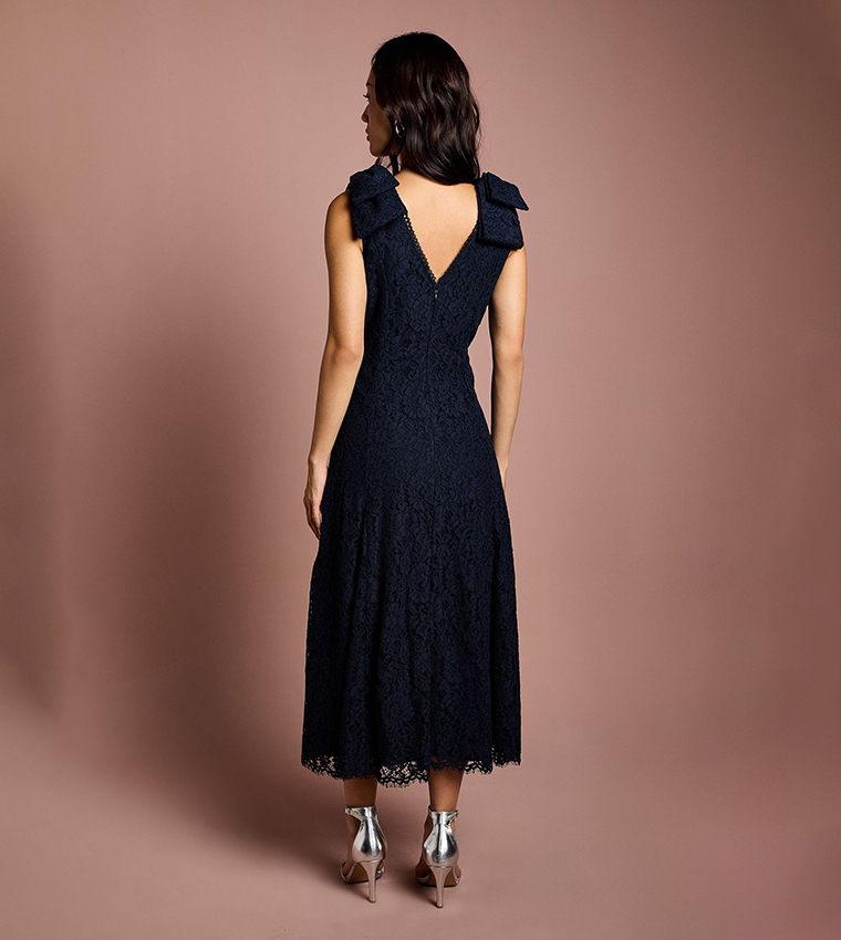 Bow Shoulder V-Neck Lace Midi Dress