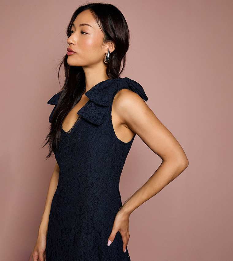 Bow Shoulder V-Neck Lace Midi Dress