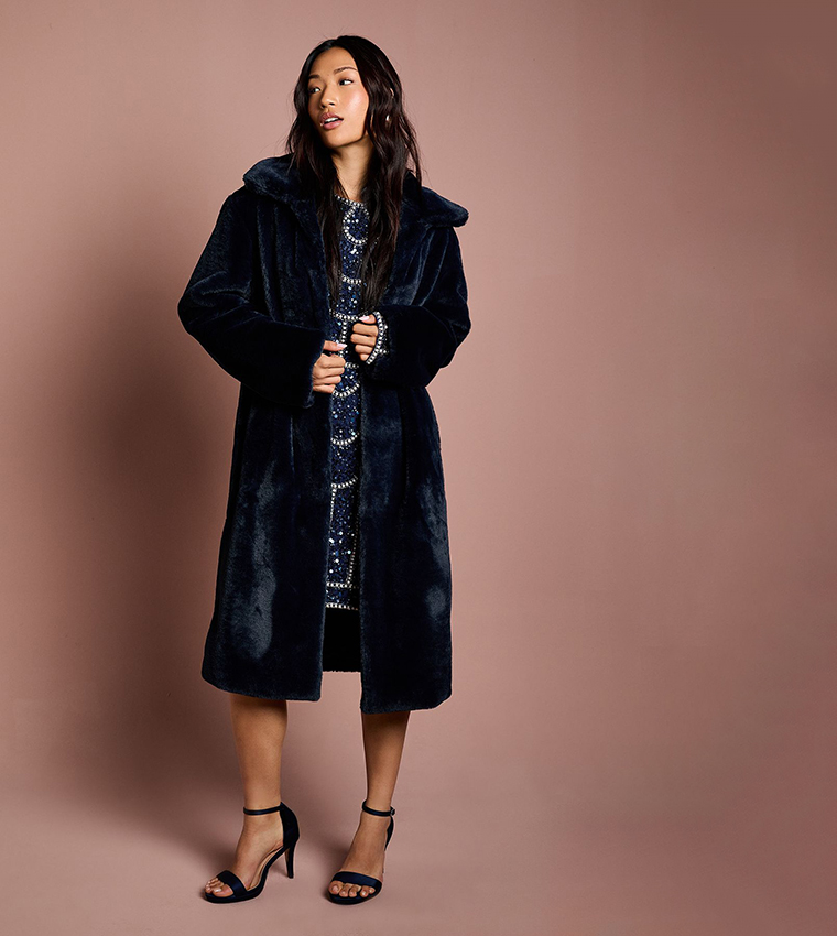 Long Sleeves Faux Fur Collared Coat