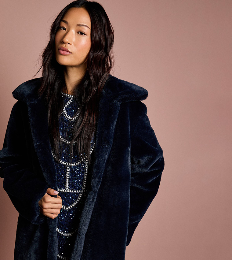 Long Sleeves Faux Fur Collared Coat