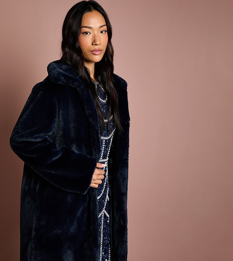 Long Sleeves Faux Fur Collared Coat