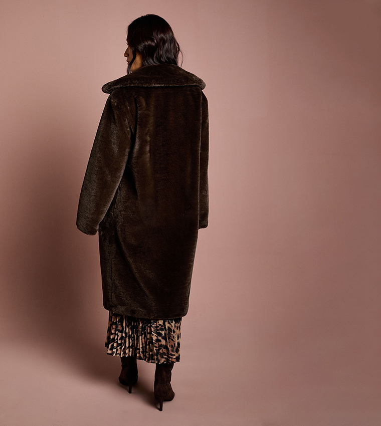 Long Sleeves Faux Fur Collared Coat