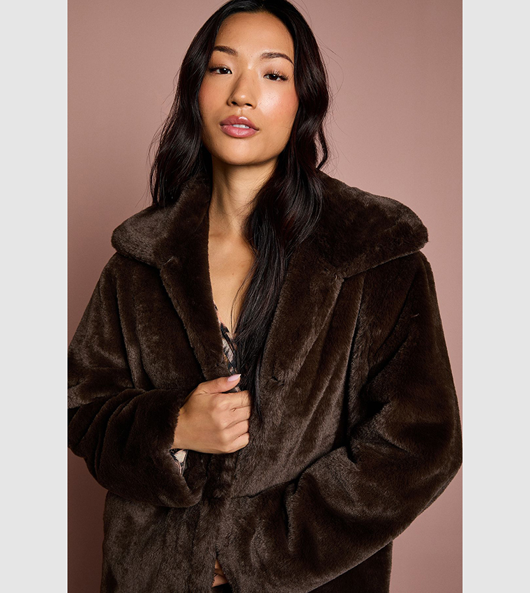 Long Sleeves Faux Fur Collared Coat
