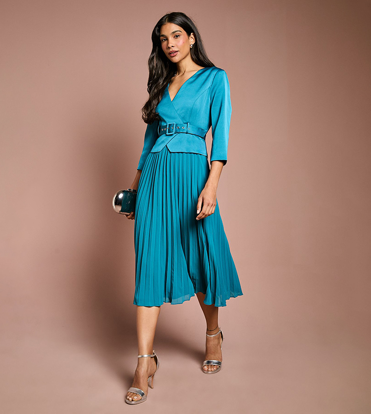 Satin Pleated Belted Midi Wedding Guest Dress