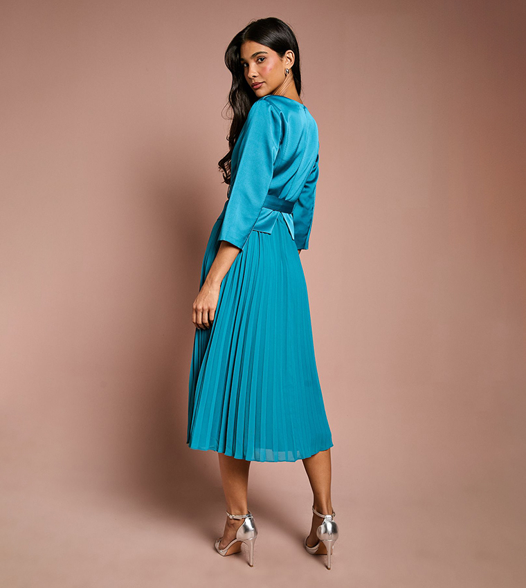 Satin Pleated Belted Midi Wedding Guest Dress