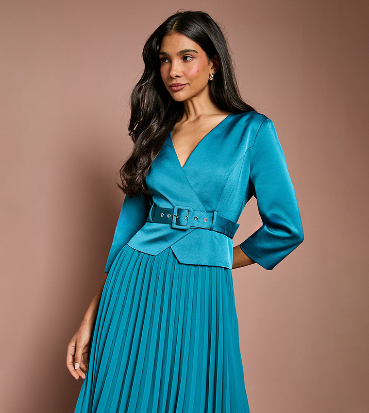 Satin Pleated Belted Midi Wedding Guest Dress