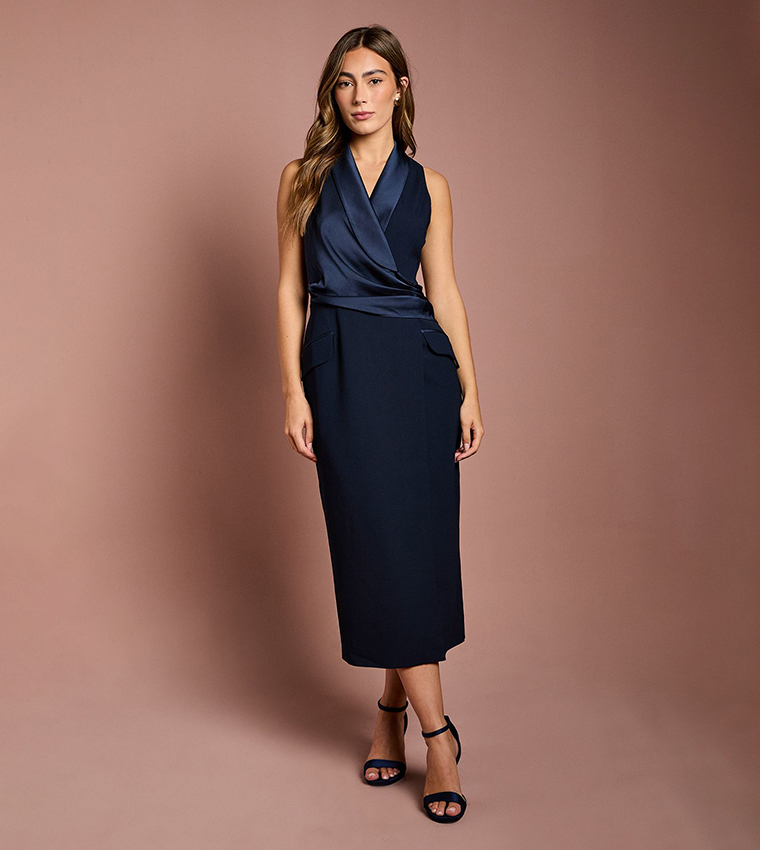 Sleeveless Crepe Satin Wrap Midi Dress
