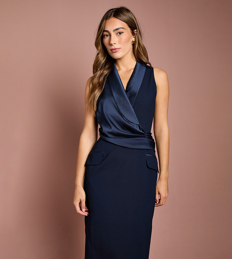 Sleeveless Crepe Satin Wrap Midi Dress