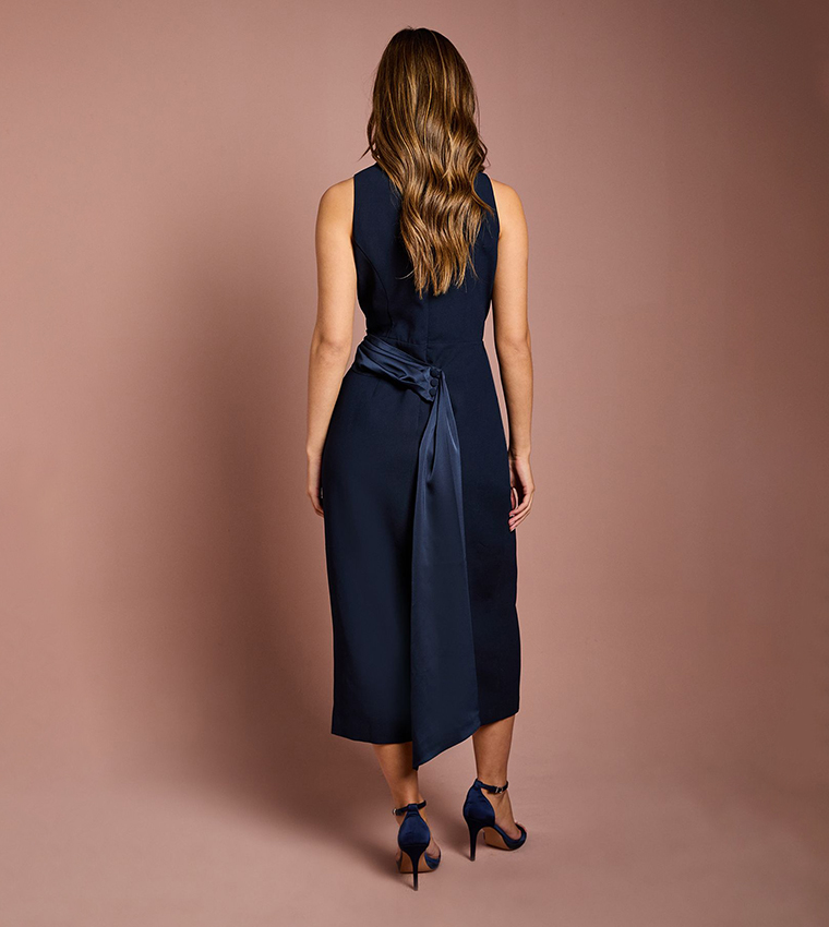 Sleeveless Crepe Satin Wrap Midi Dress