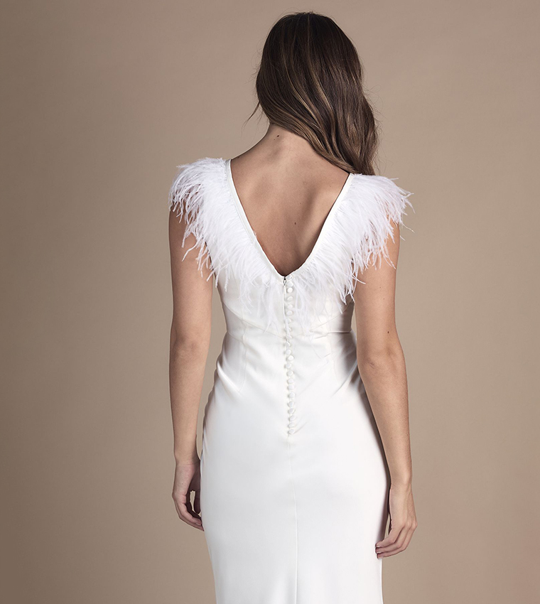 Feather Shoulder Detail V-Neck Satin Wedding Dress