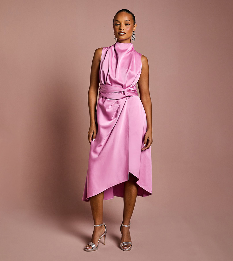 Petite Satin Midi Dress with Twist Waist