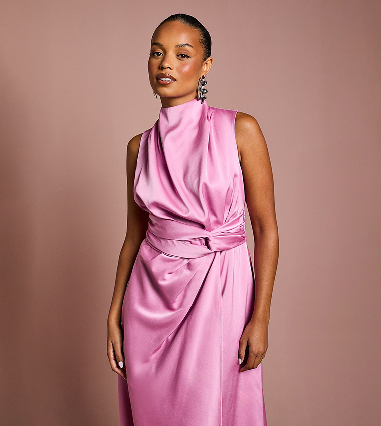 Petite Satin Midi Dress with Twist Waist