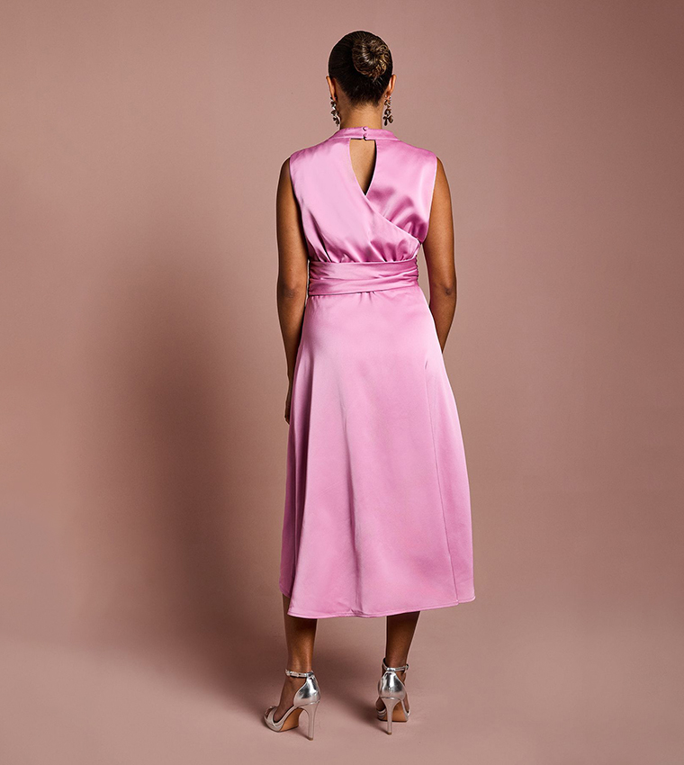 Petite Satin Midi Dress with Twist Waist