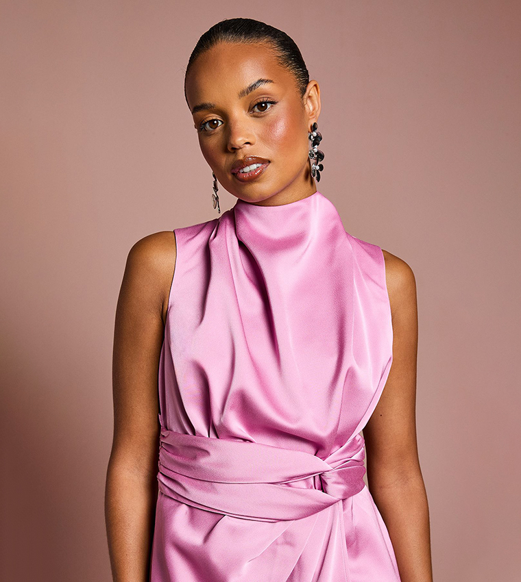 Petite Satin Midi Dress with Twist Waist