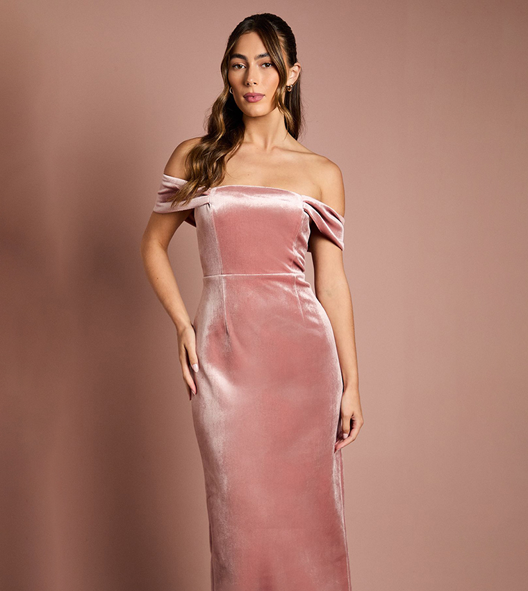 Velvet Bardot Column Bridesmaid Maxi Dress