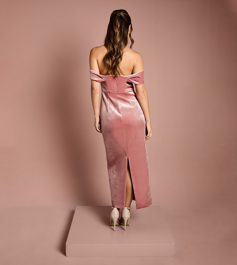 Velvet Bardot Column Bridesmaid Maxi Dress