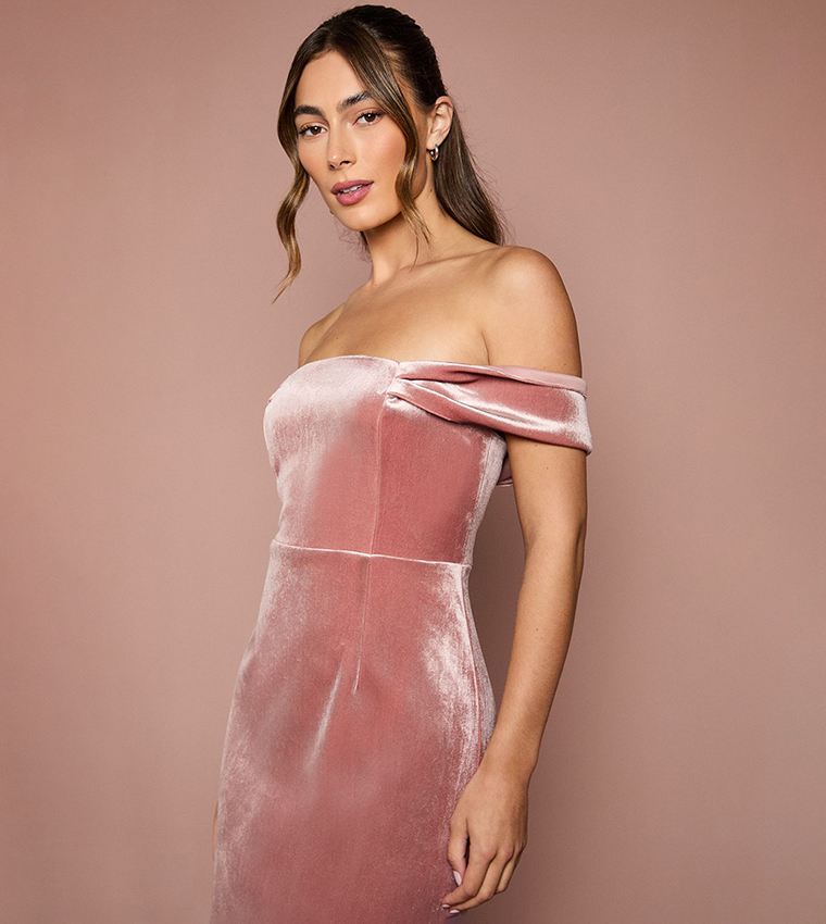 Velvet Bardot Column Bridesmaid Maxi Dress