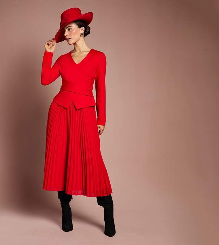 Long Sleeves Ponte Bodice with Pleated Skirt Midi Dress