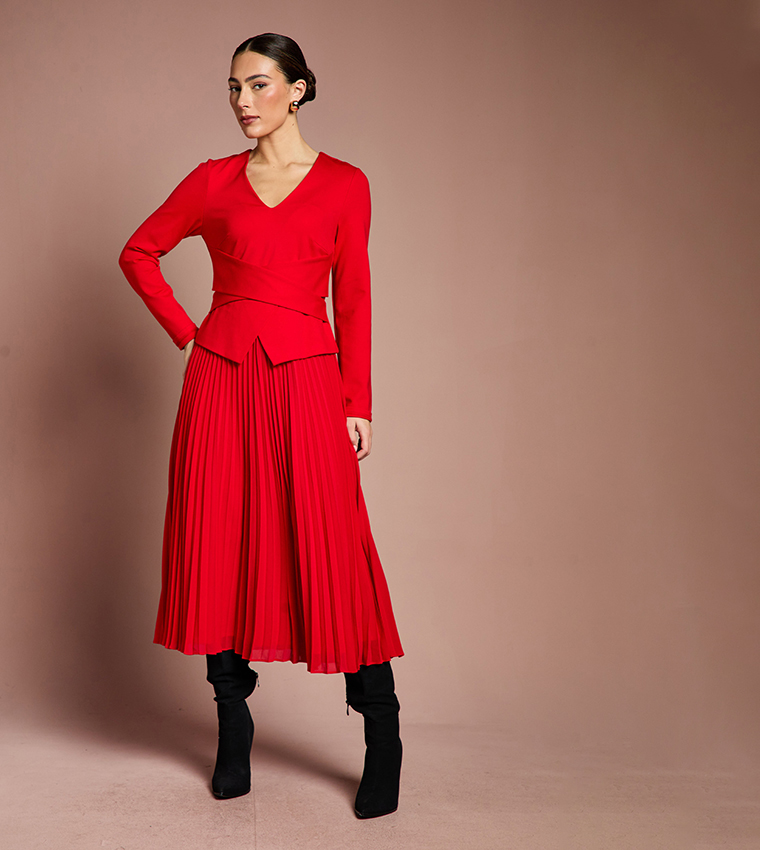Long Sleeves Ponte Bodice with Pleated Skirt Midi Dress