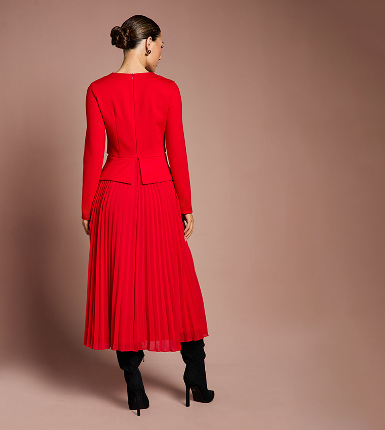 Long Sleeves Ponte Bodice with Pleated Skirt Midi Dress