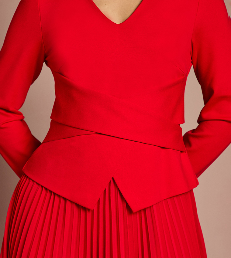 Long Sleeves Ponte Bodice with Pleated Skirt Midi Dress