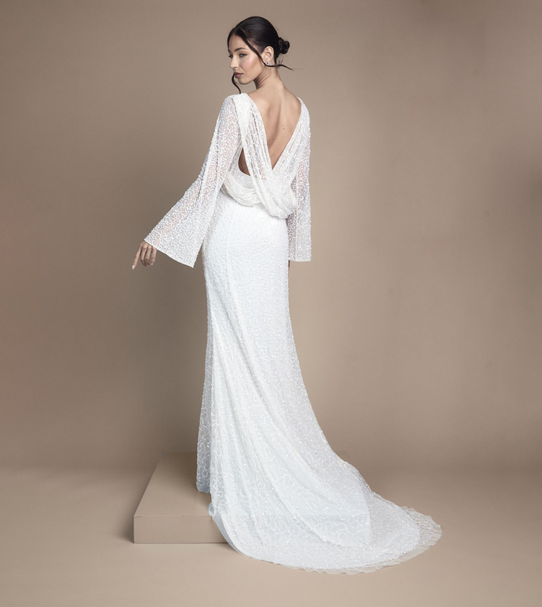 فستان سهرة ماكسي بقبة منسدلة وكم طويل 