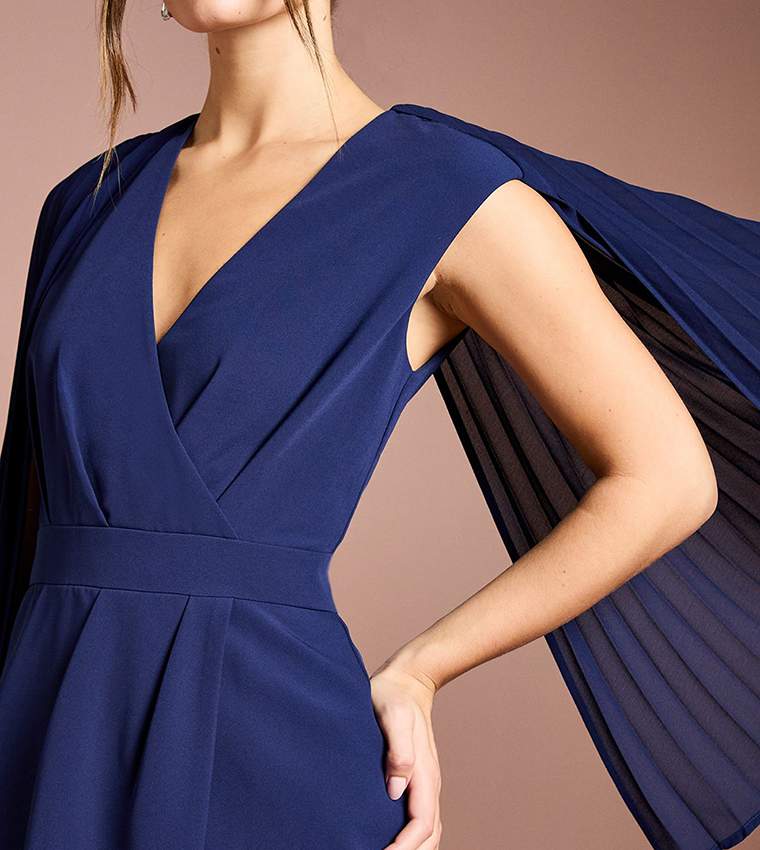 Pleated Cape Detail Crepe Pencil Maxi Dress