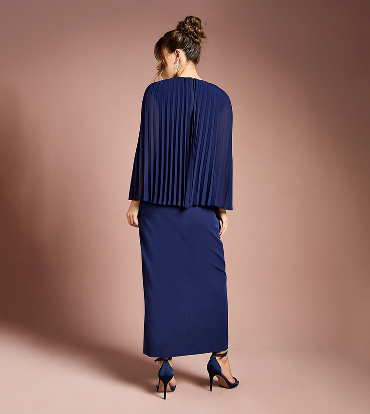 Pleated Cape Detail Crepe Pencil Maxi Dress