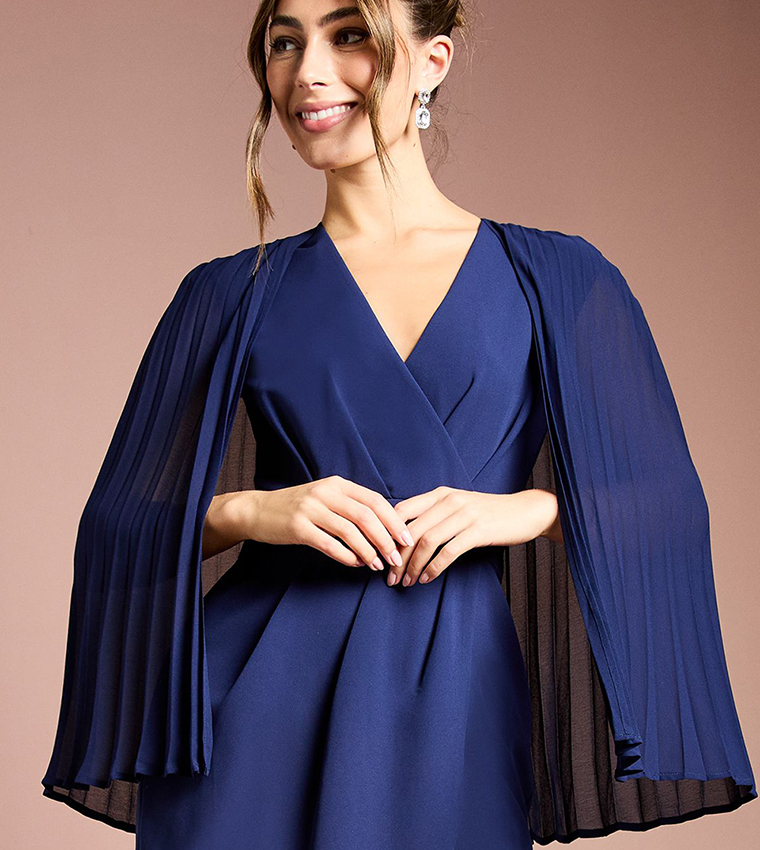 Pleated Cape Detail Crepe Pencil Maxi Dress