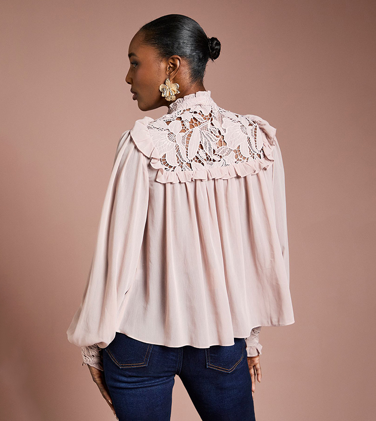 Lace Trim Georgette Long Sleeves Top