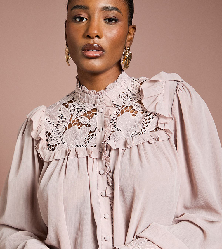 Lace Trim Georgette Long Sleeves Top